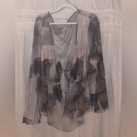 SHEIN Tops - SHEIN Sheer Tie-Front Blouse in Gray and Taupe Watercolor